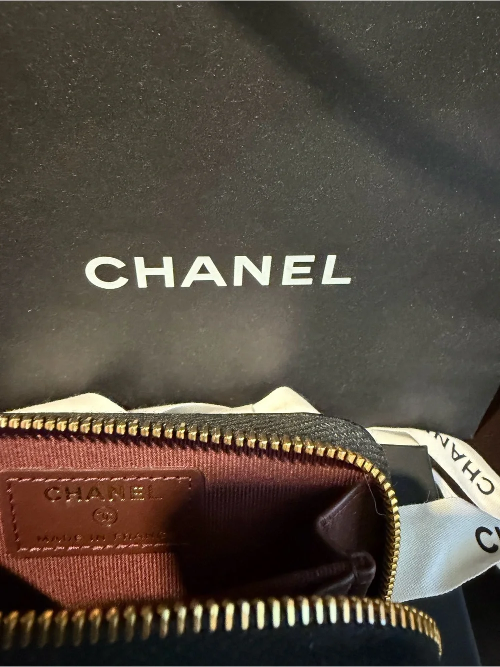 CHANEL Black Quilted Caviar Zip Card Wallet with Gold Hardware